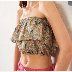 Ba&sh Boho‎ Ruffle Strapless Tube Top Size 0 Paisley Coquette Forest Fairy Green